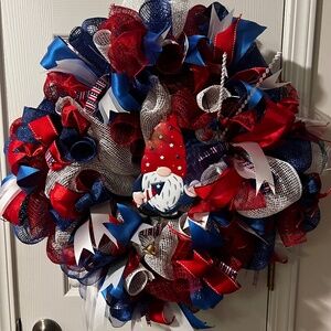 Handmade, Red, White & Blue Gnome Wreath, fourth of July